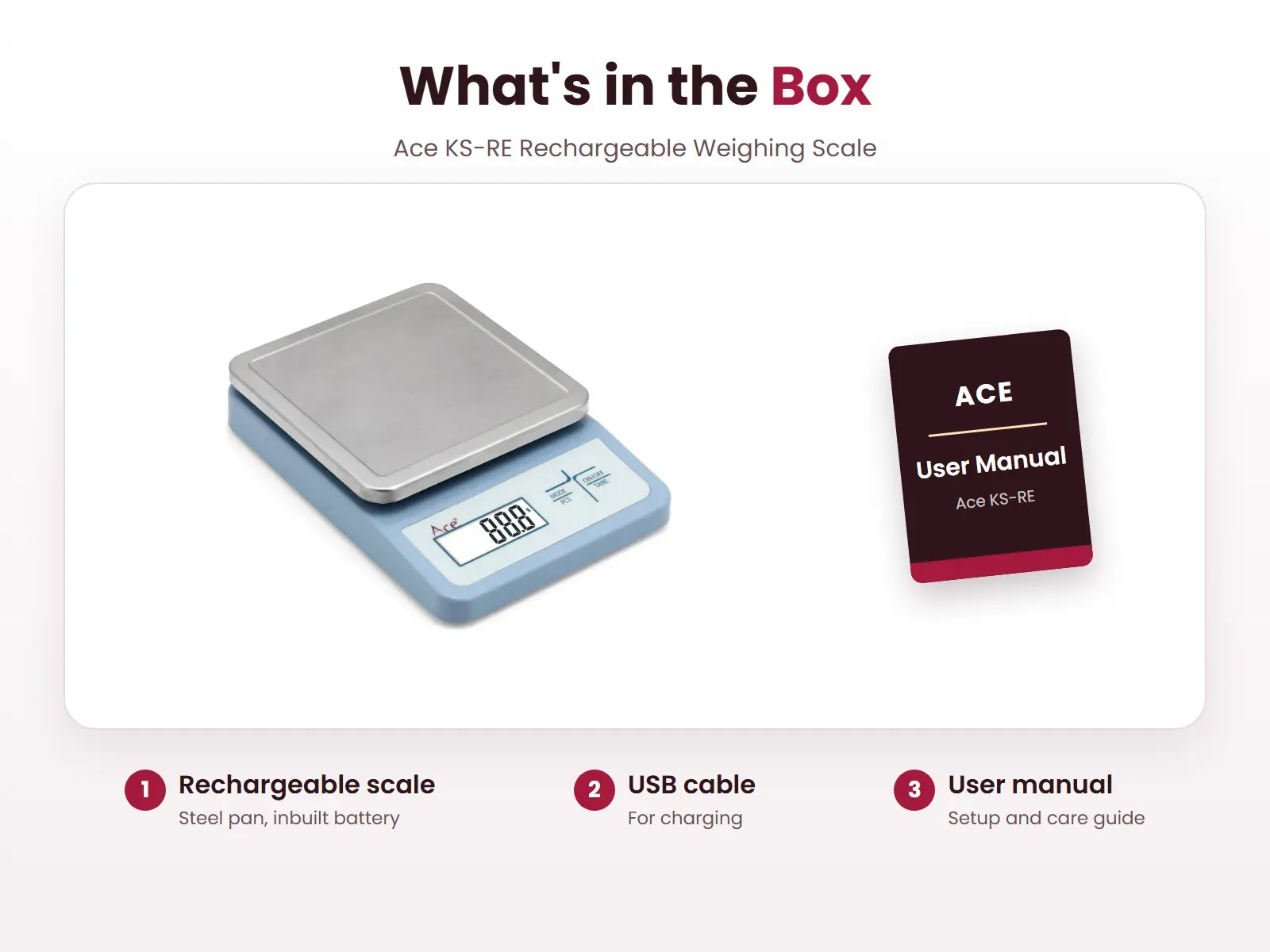 What's in the box: Rechargeable scale, USB cable and User manual, Ace KS-RE