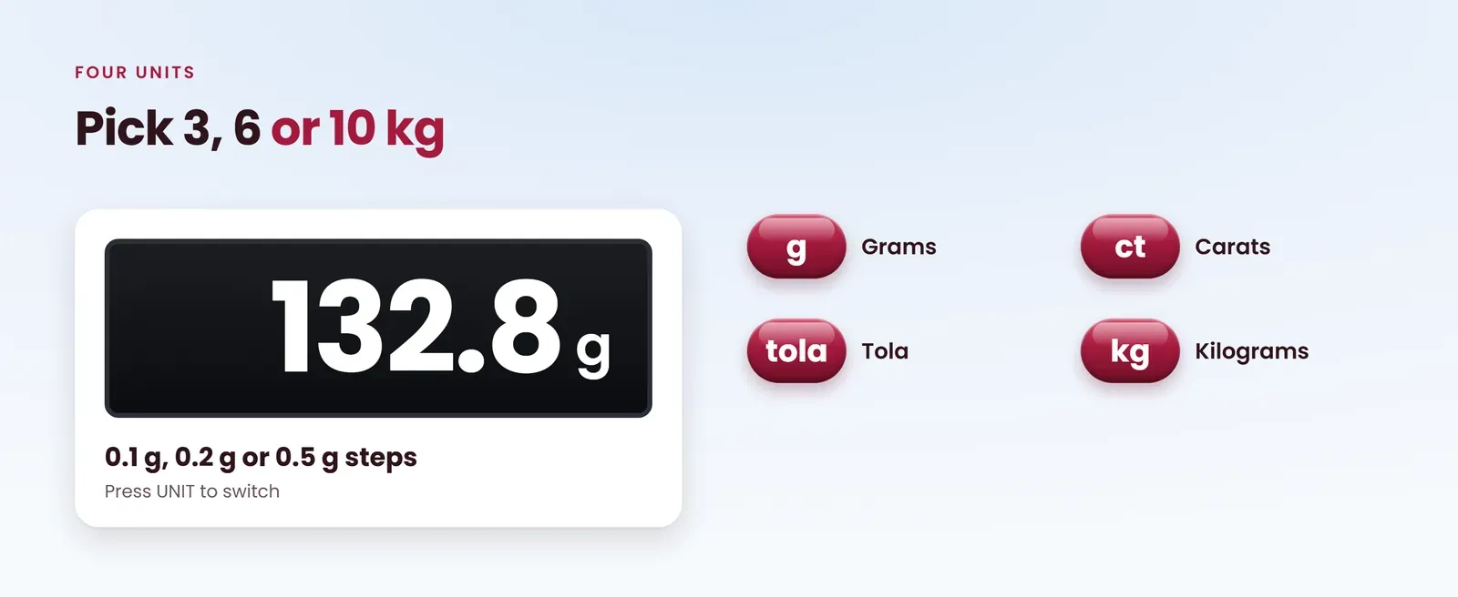 Rechargeable weighing scale in 3, 6 or 10 kg, reads grams, carats, tola and kilograms