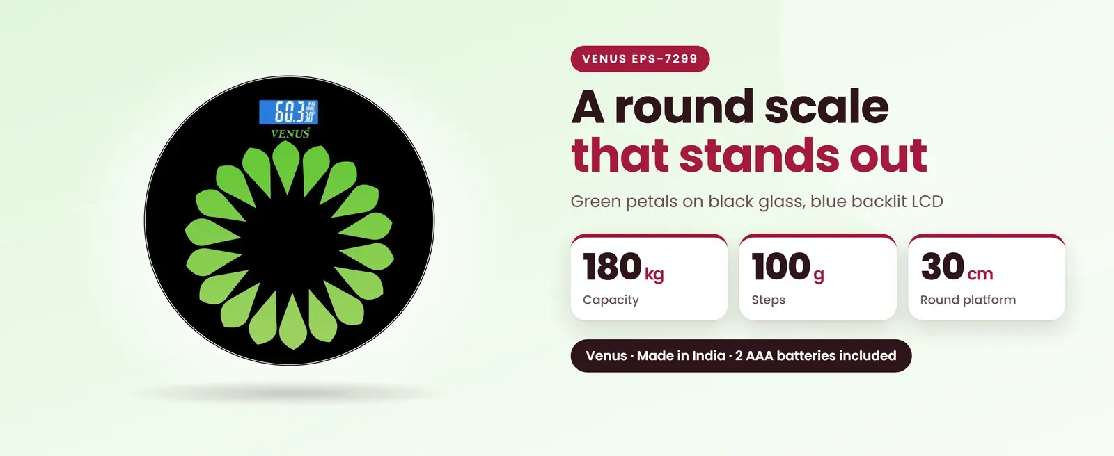 Venus EPS-7299 round weighing scale: Green petals on black glass, blue backlit LCD