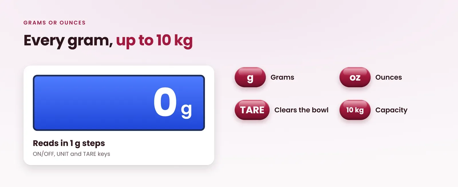 SF-400 weighing scale reads grams and ounces in 1 g steps up to 10 kg