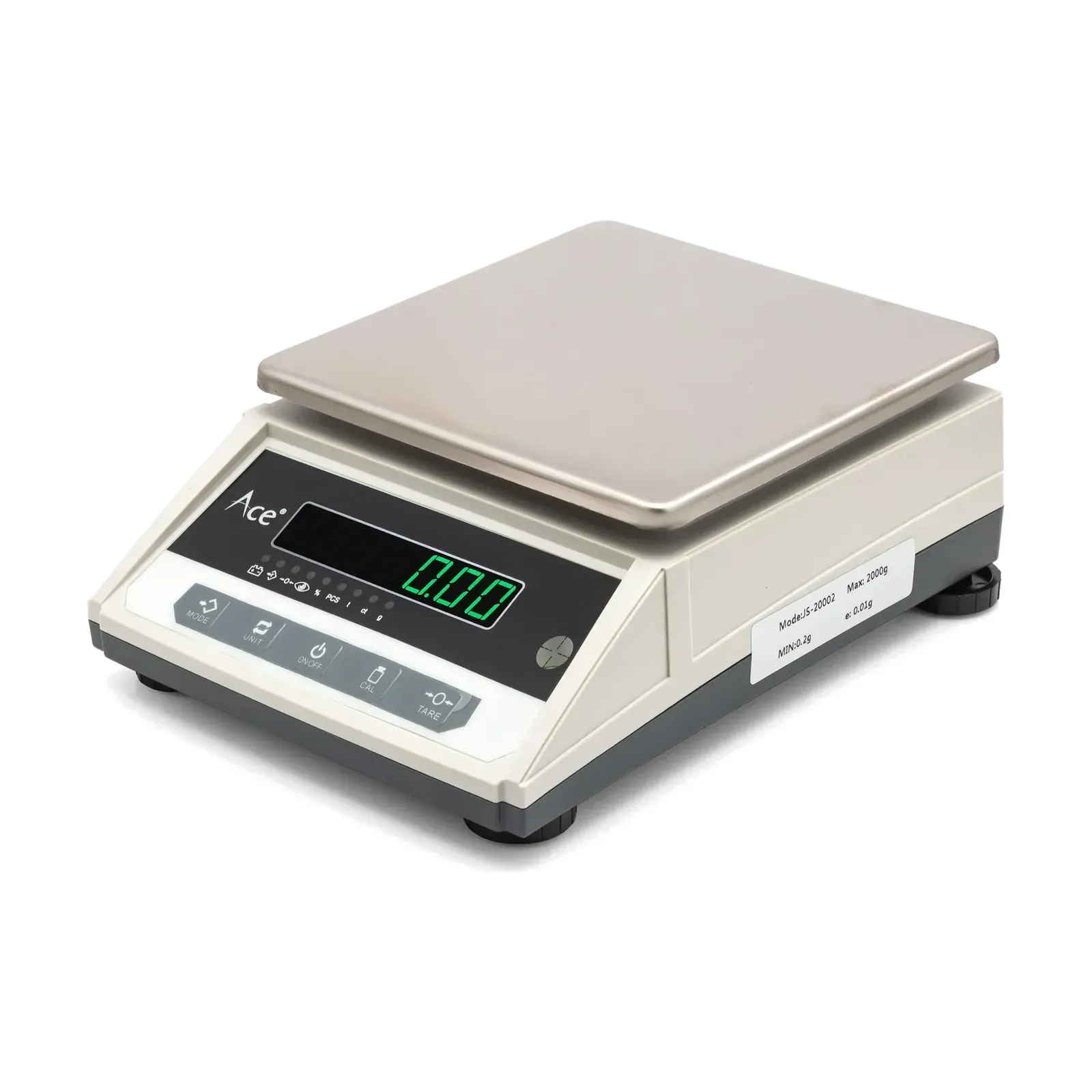 Angled view, green LED reading Ace JS-10KG silver weighing machine, angled view, green LED reading