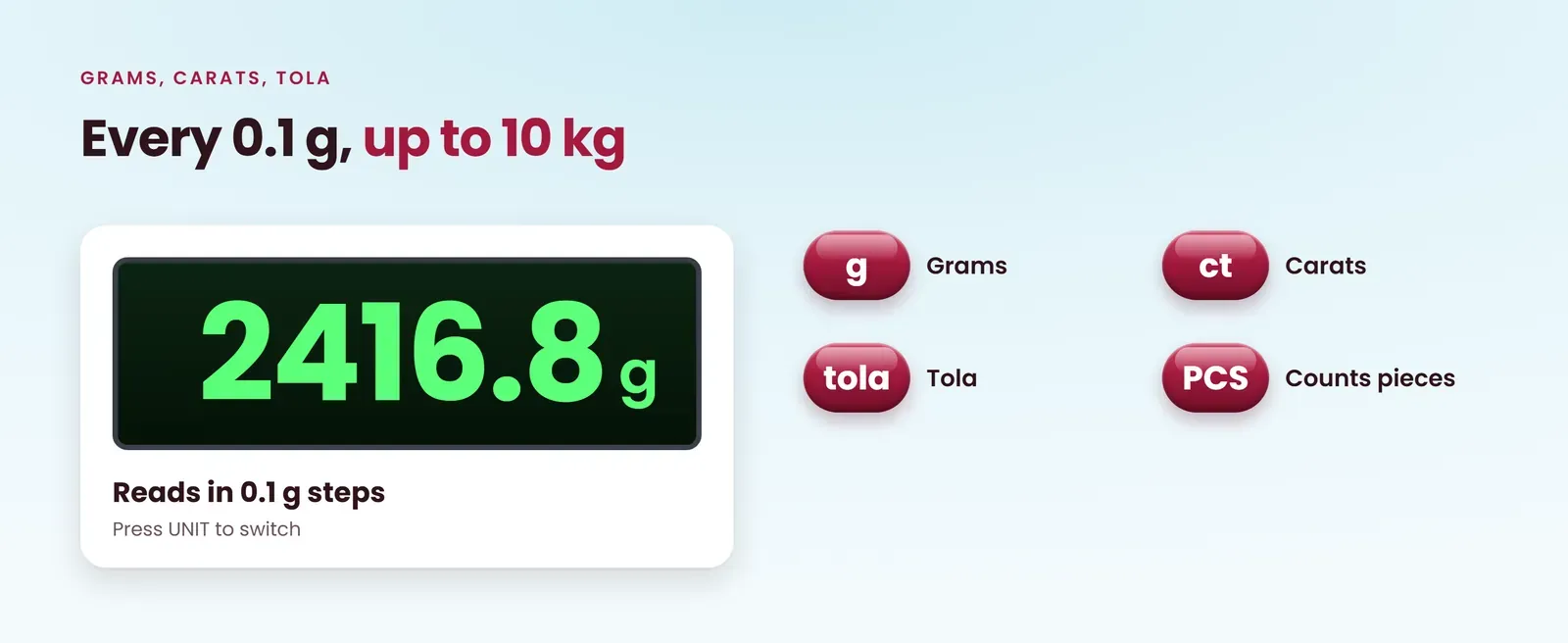 Silver weighing machine reads grams, carats and tola in 0.1 g steps up to 10 kg