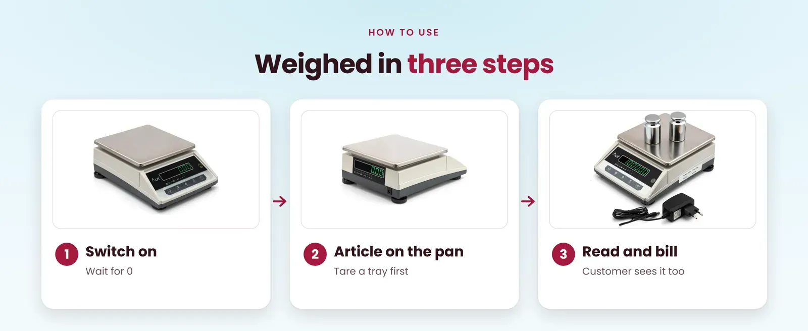 How to use the silver weighing machine: switch on, put the article on the pan, read and bill