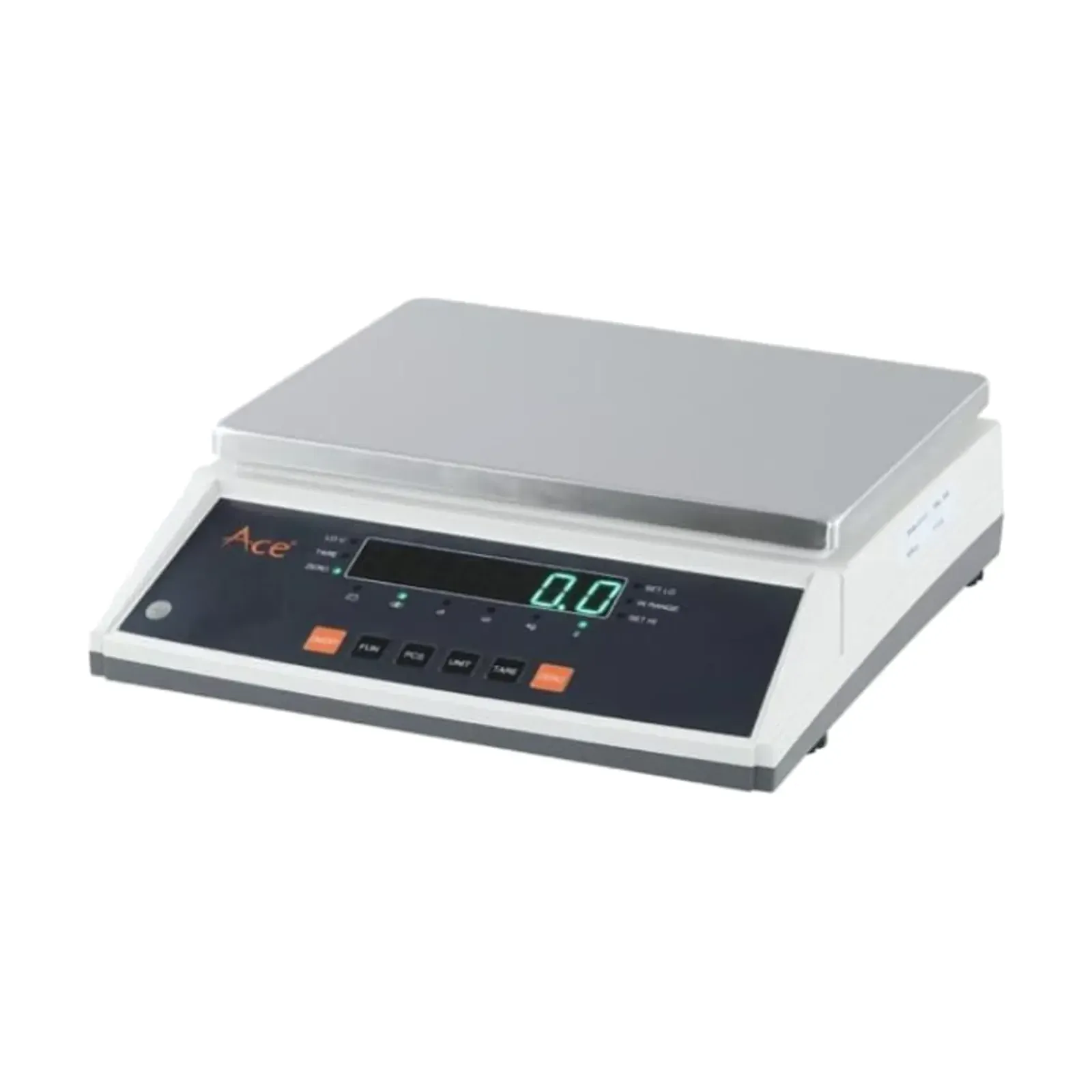 Ace JS-10/20/35 silver weighing scale, front view with large steel pan