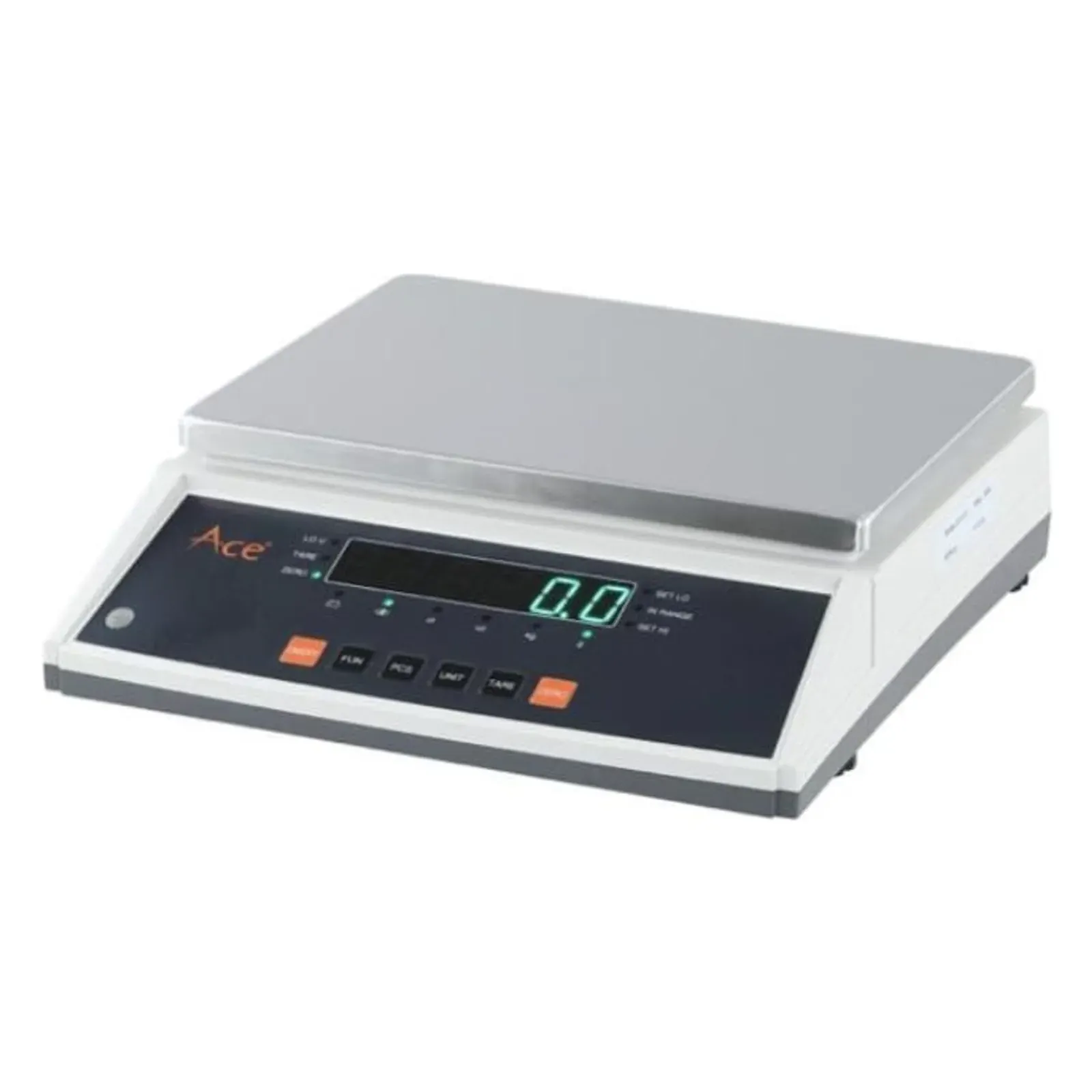 Ace JS-10/20/35 silver weighing scale, front view with large steel pan