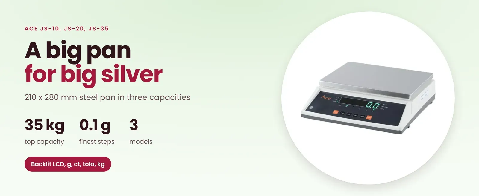 Ace JS silver weighing scale: 10, 20 or 35 kg on a 210 x 280 mm steel pan, backlit LCD