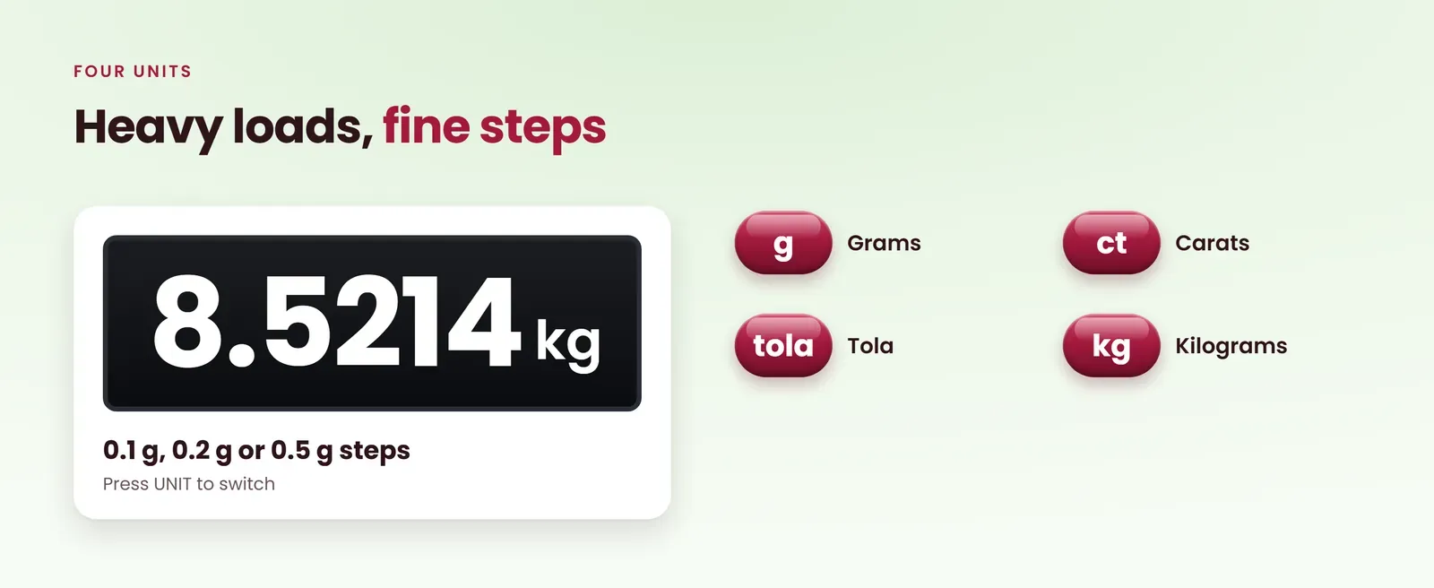 Silver weighing scale reads grams, carats, tola and kilograms