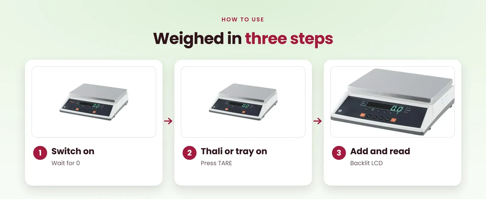 How to use the silver weighing scale: switch on, put the thali or tray on and tare, add and read
