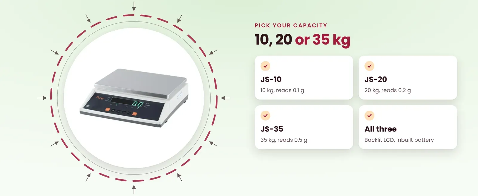 Silver weighing scale in three capacities: JS-10 reads 0.1 g, JS-20 reads 0.2 g, JS-35 reads 0.5 g
