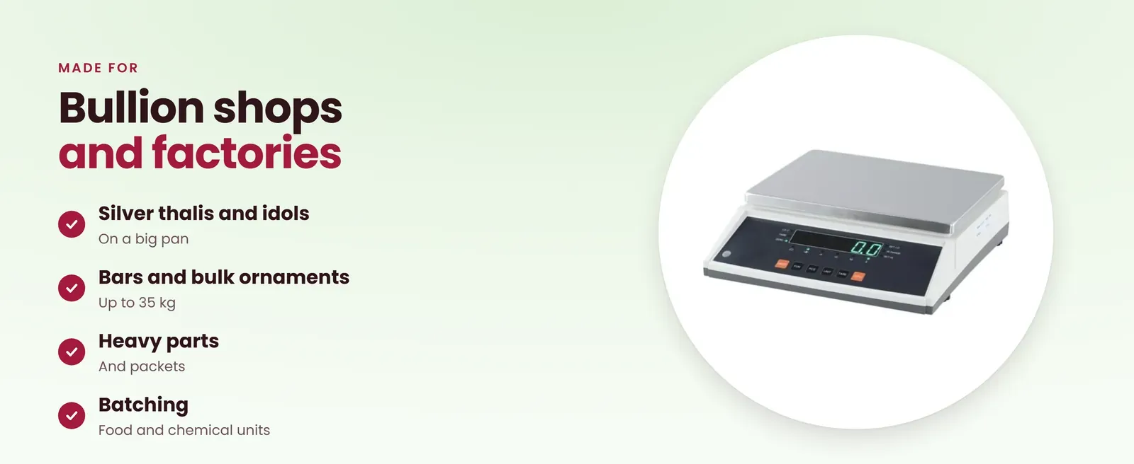 Silver weighing scale for thalis and idols, bars, heavy parts and batching