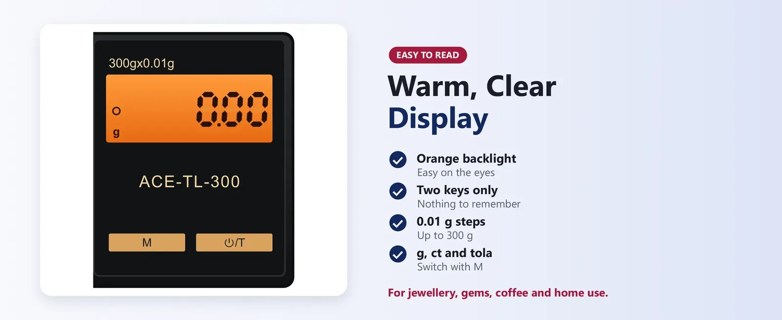 Small digital scale with warm orange backlit display reading 0.01 g
