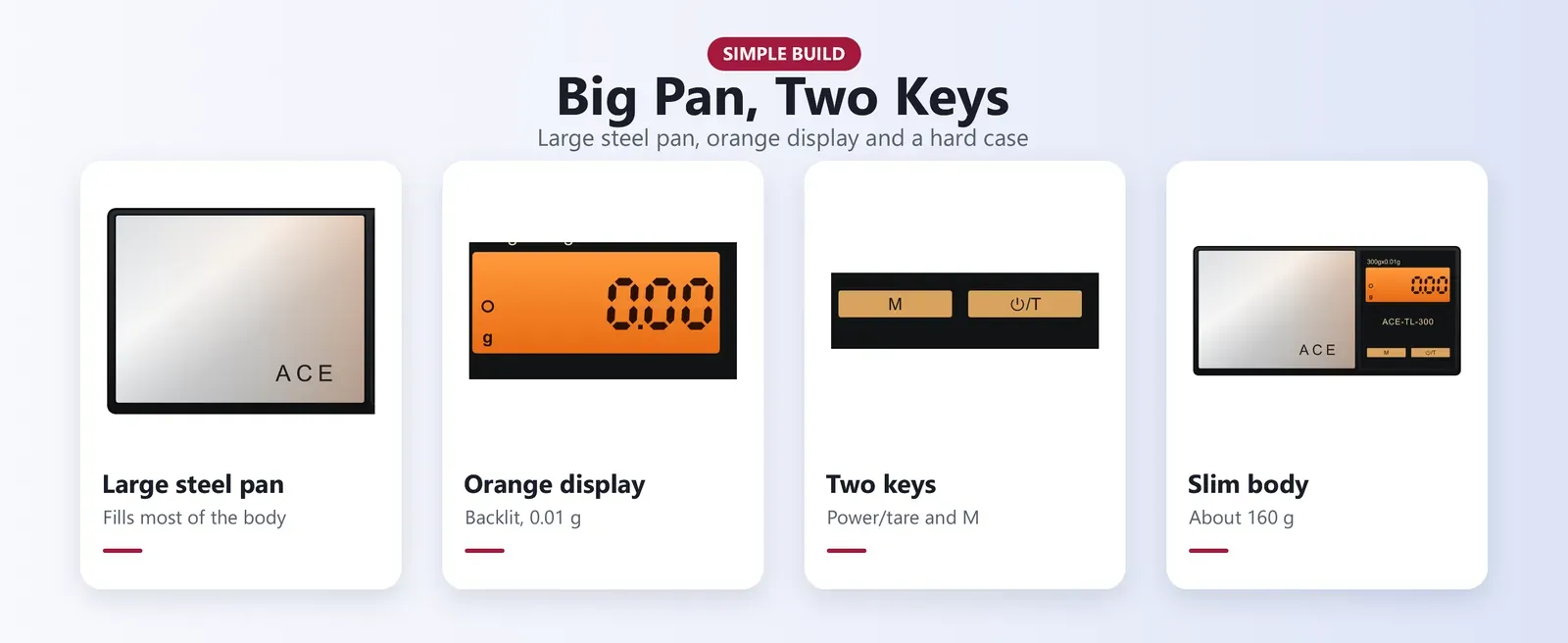 Small digital scale parts: large steel pan, orange display, two keys and AAA batteries