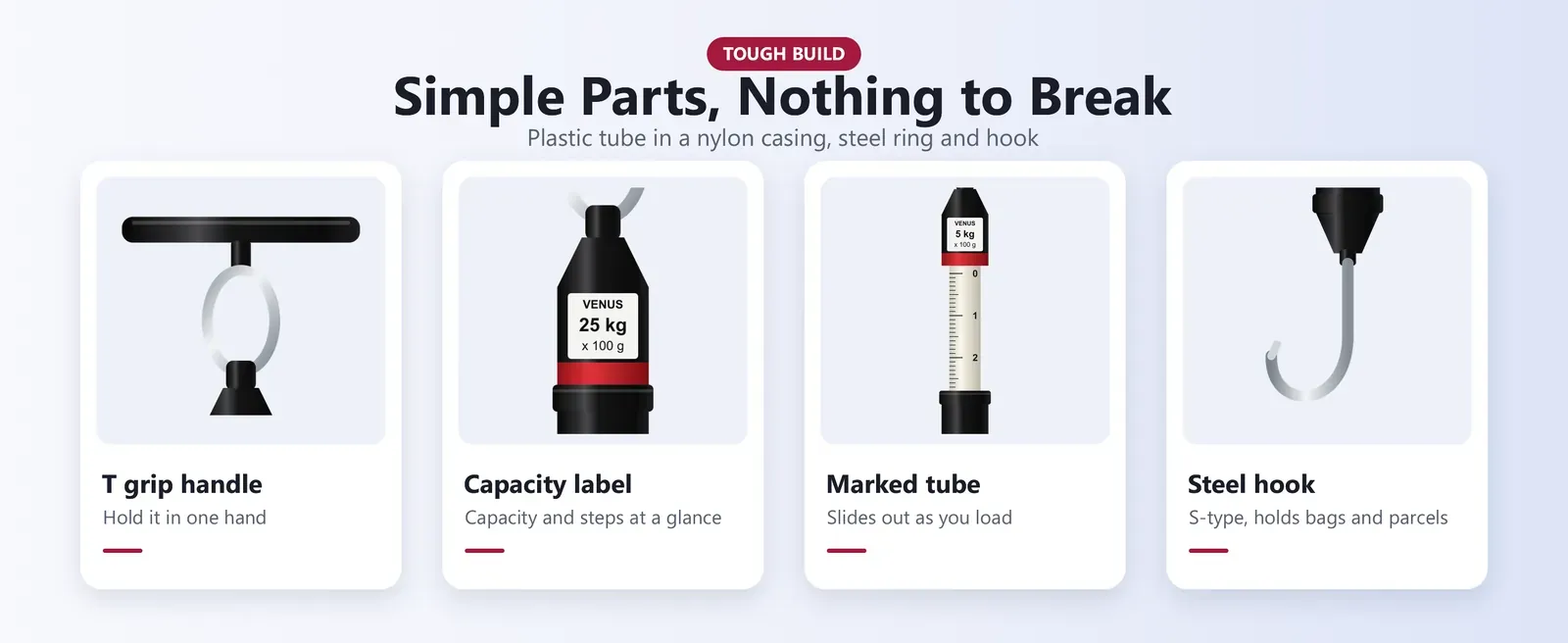 Venus tubular spring scale parts: T grip handle, capacity label, marked inner tube and steel hook
