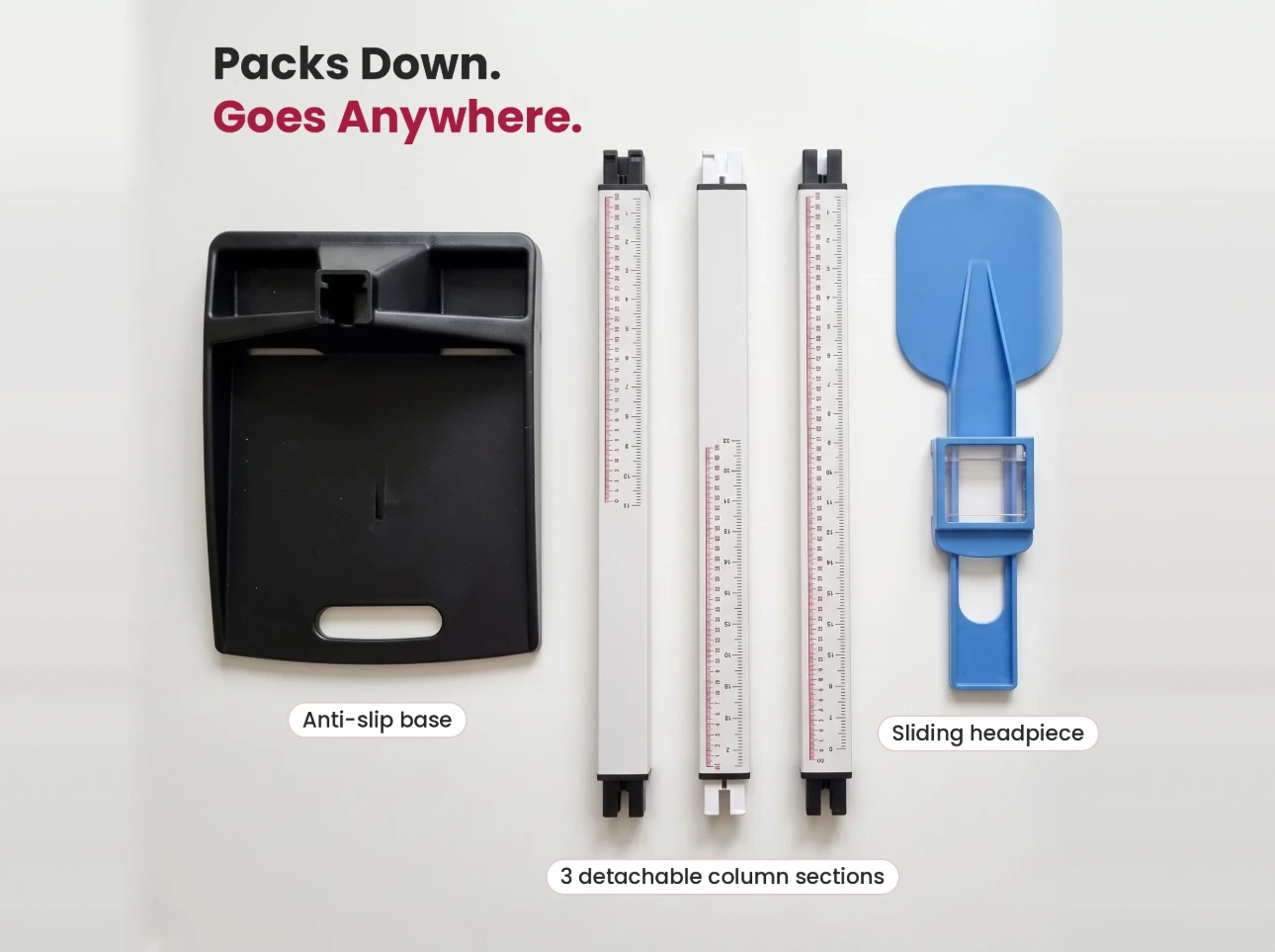 Detachable & Easy to Carry ICDS-SDM stadiometer dismantled into detachable column sections, headpiece and base for easy carrying