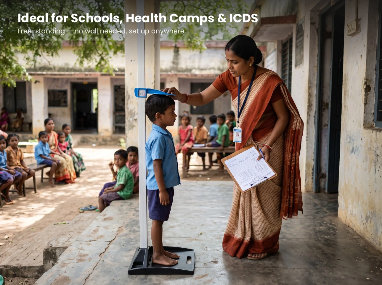 Ideal for Schools, Health Camps & ICDS Programmes Health worker measuring a child's height with a portable stadiometer at a school health camp