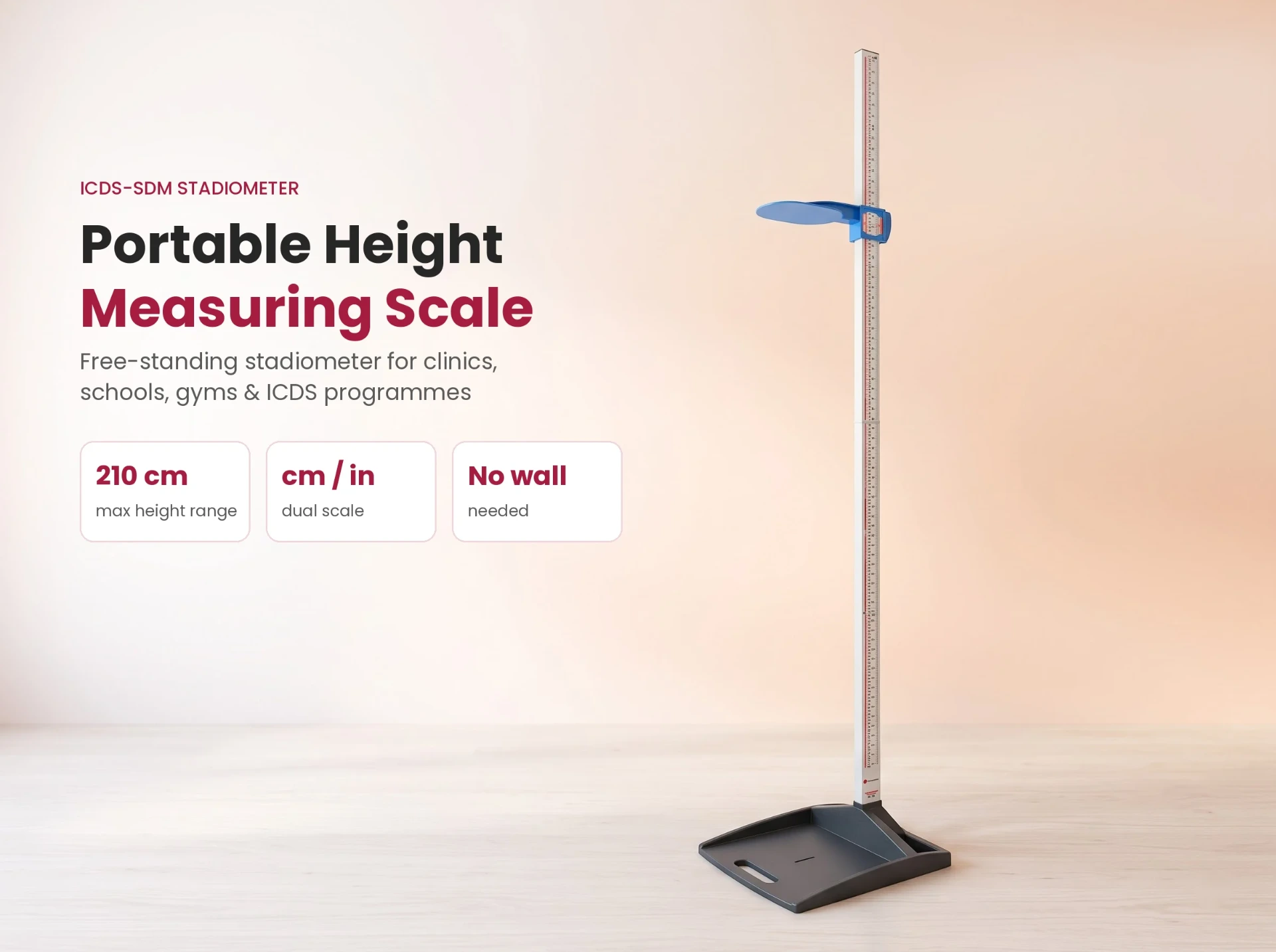 ICDS-SDM Stadiometer – Portable Height Measuring Scale ICDS-SDM portable stadiometer with sliding headpiece, anti-slip base and up to 210 cm range