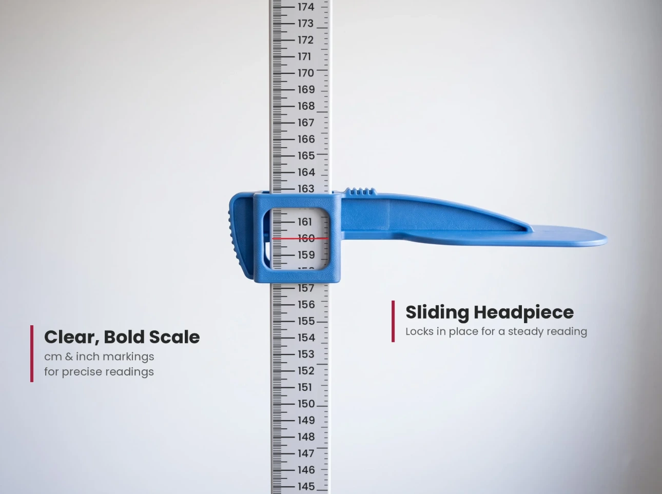 Sliding Headpiece & Clear Scale Close-up of the stadiometer's sliding headpiece and high-contrast scale markings