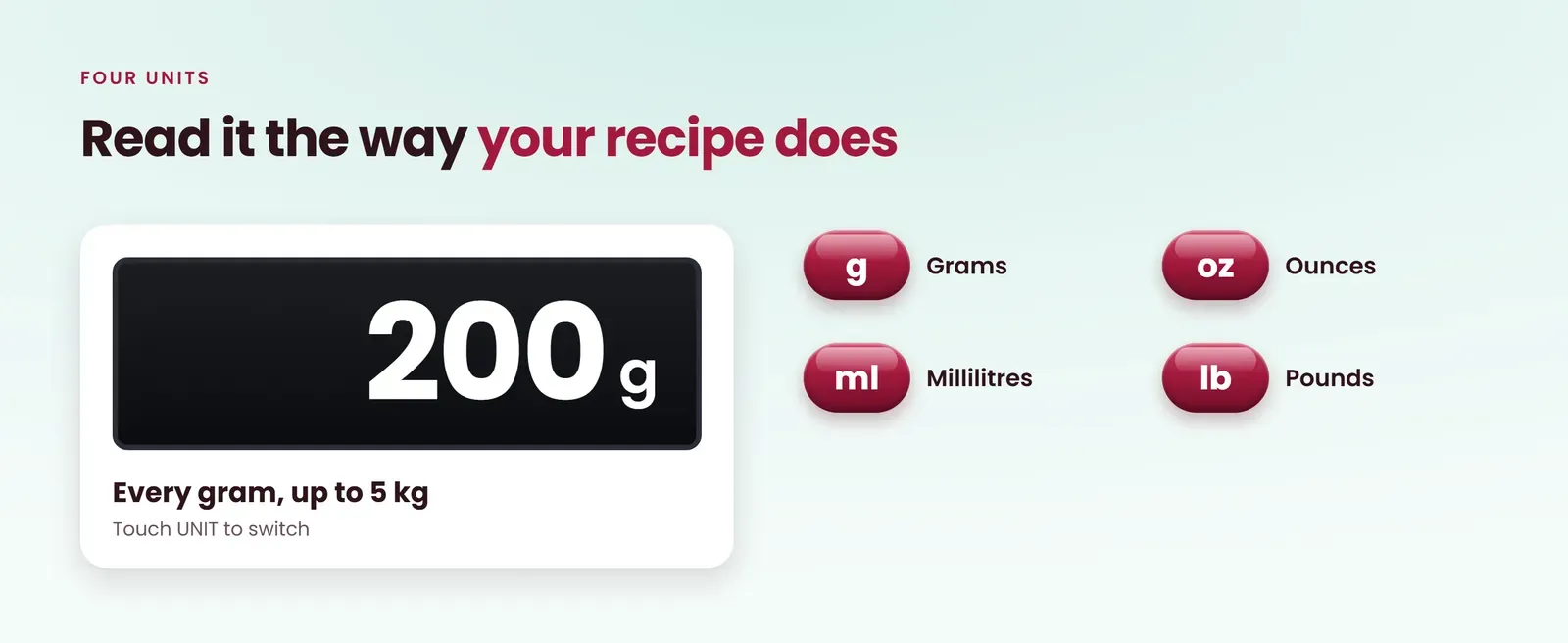 Stainless steel kitchen scale reads grams, ounces, millilitres and pounds up to 5 kg