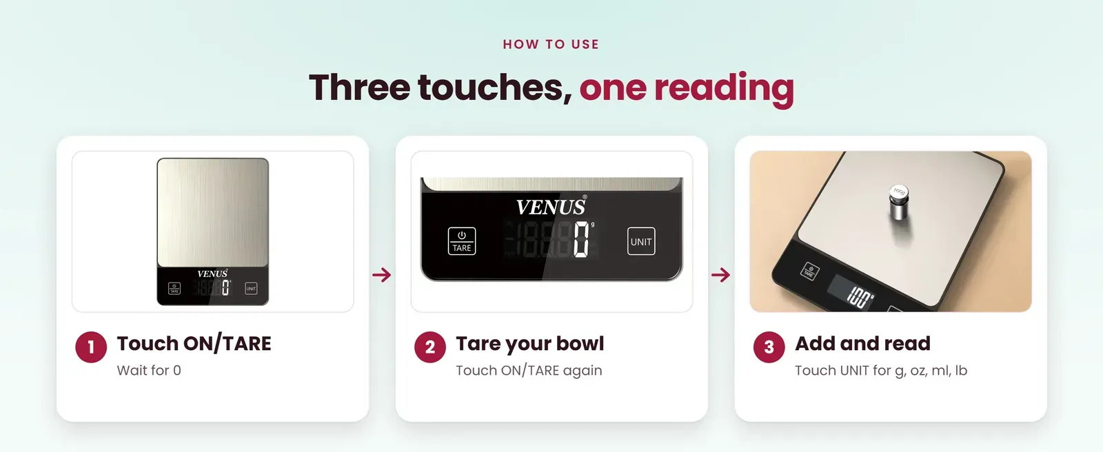 How to use the stainless steel kitchen scale: touch ON/TARE, tare your bowl, add and read