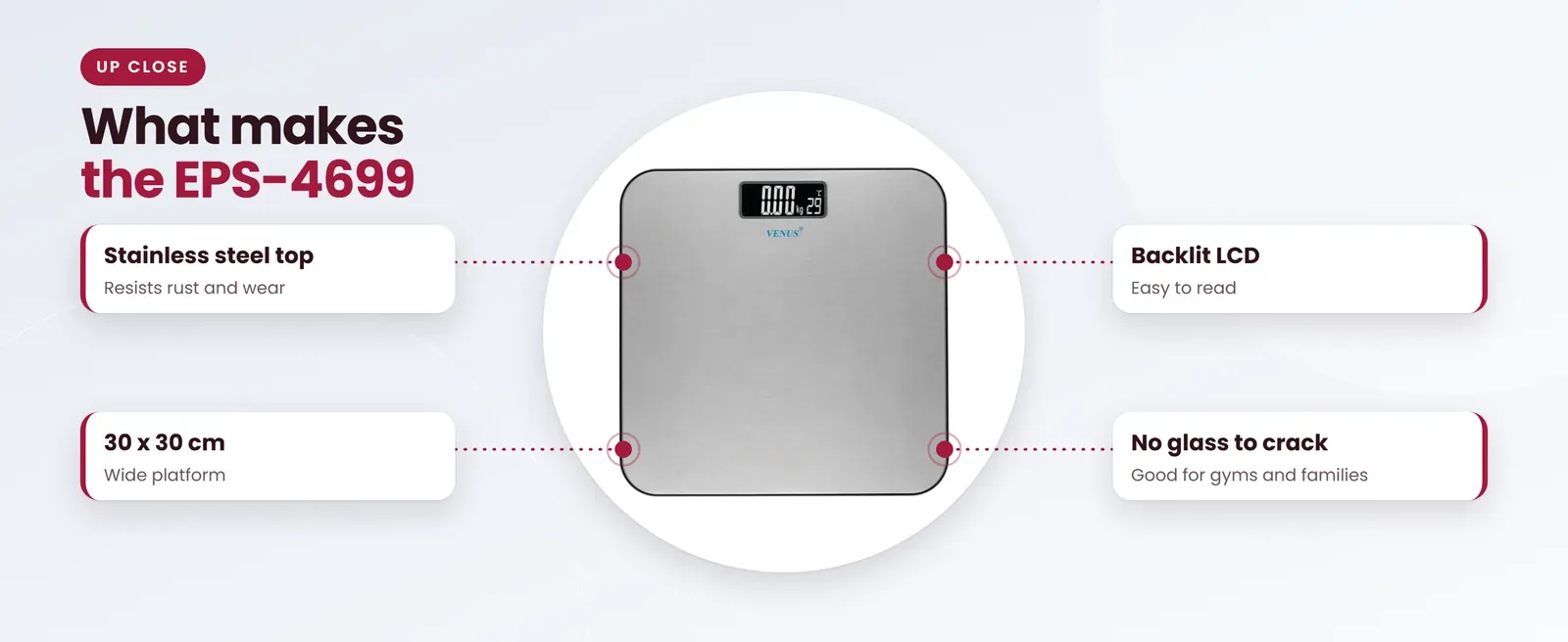 Venus EPS-4699 stainless steel weighing scale: stainless steel top, 30 x 30 cm, backlit lcd, no glass to crack