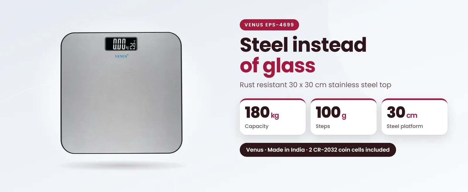 Venus EPS-4699 stainless steel weighing scale: Rust resistant 30 x 30 cm stainless steel top