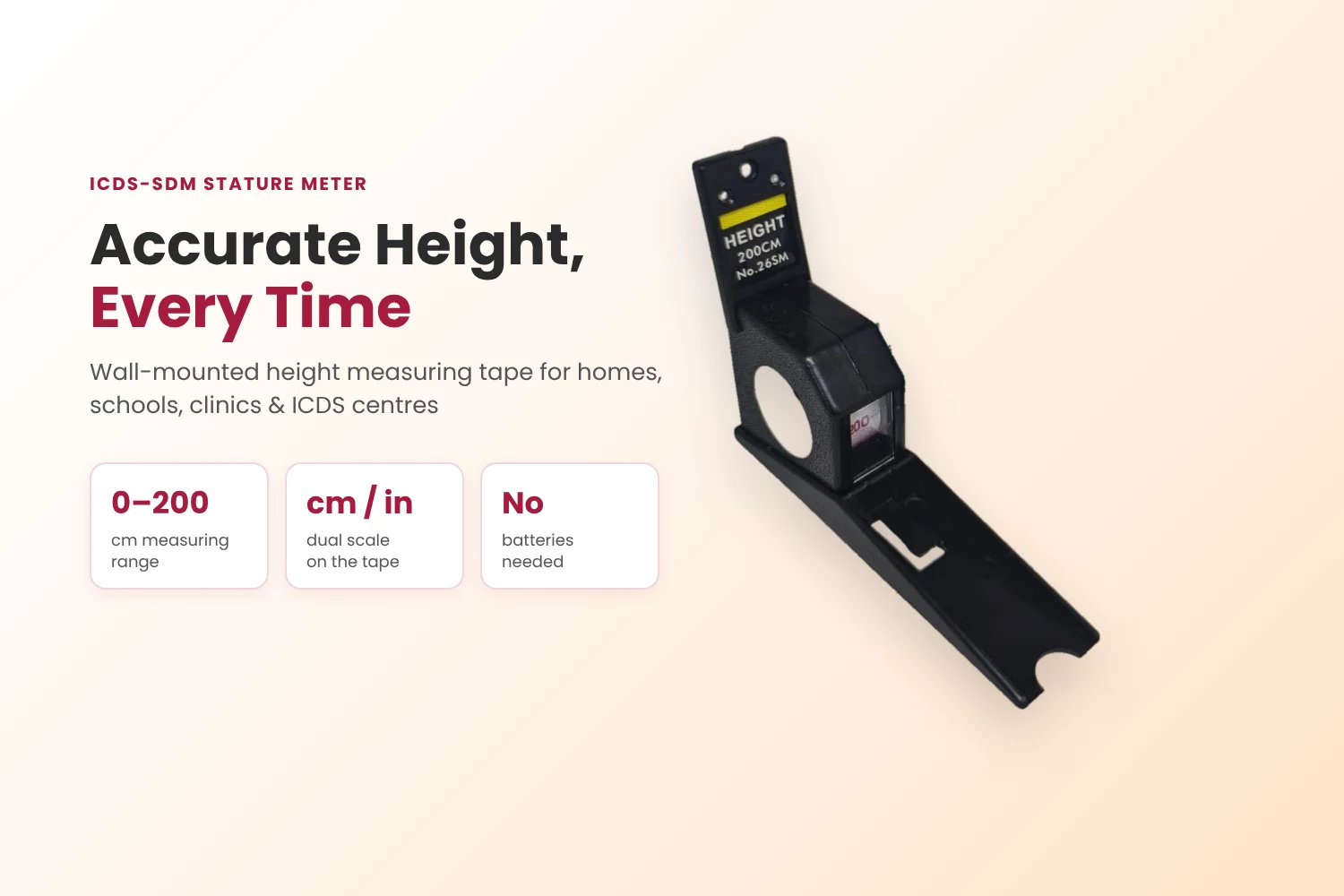 ICDS-SDM Stature Meter – Accurate Height Measurement ICDS-SDM wall-mounted stature meter with 0–200 cm range and dual cm/inch scale