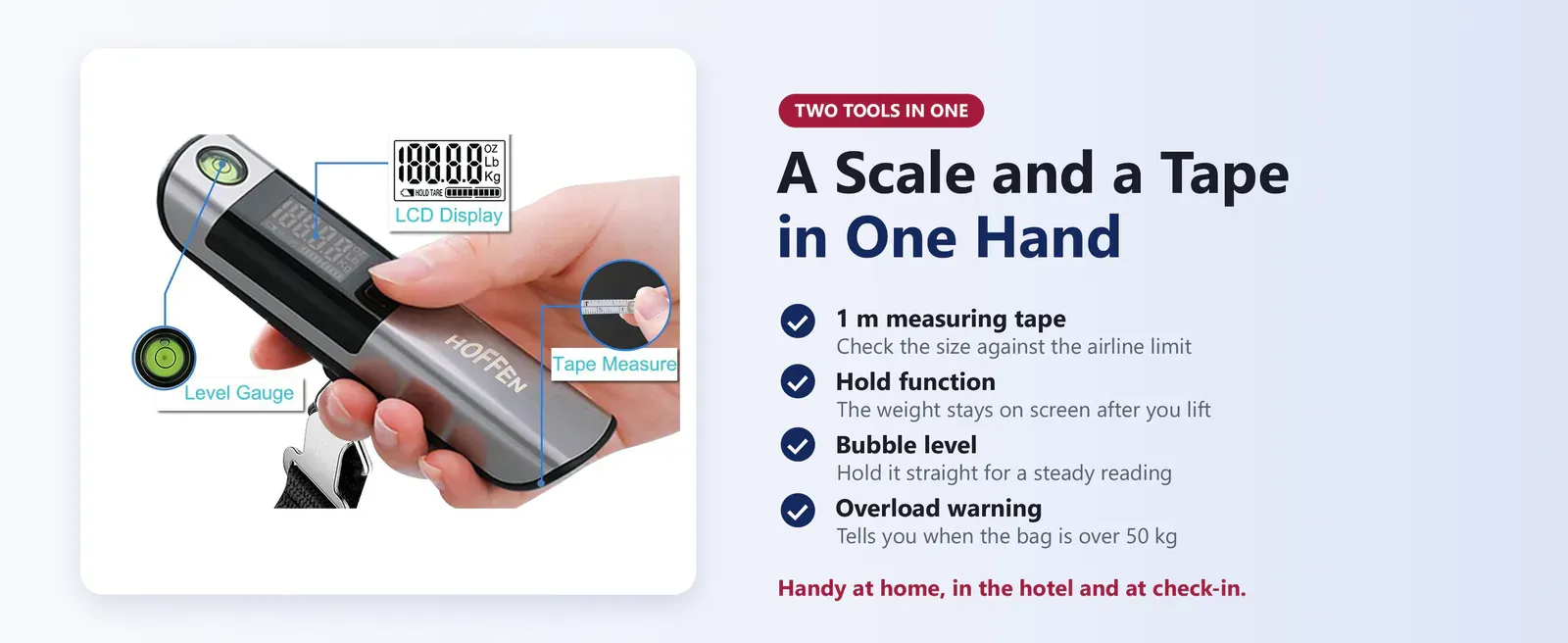 Hoffen suitcase scale with 1 m measuring tape, hold function, bubble level and overload warning