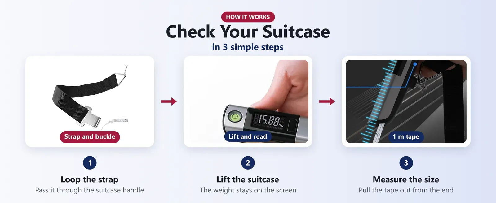 How to check suitcase weight with the Hoffen HO-L-7: loop the strap, lift the suitcase, measure the size