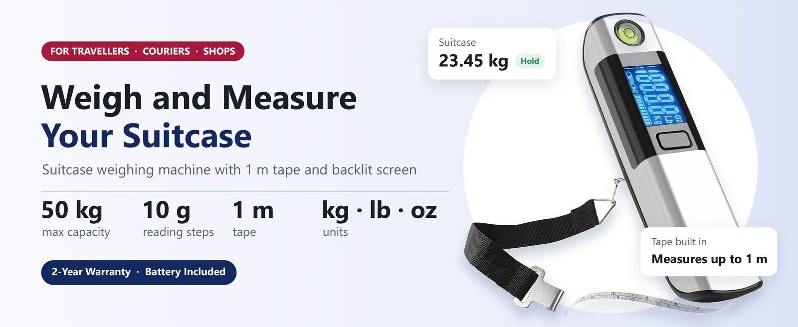 Hoffen HO-L-7 suitcase weighing machine: 50 kg capacity, 10 g steps, 1 m tape, kg, lb and oz