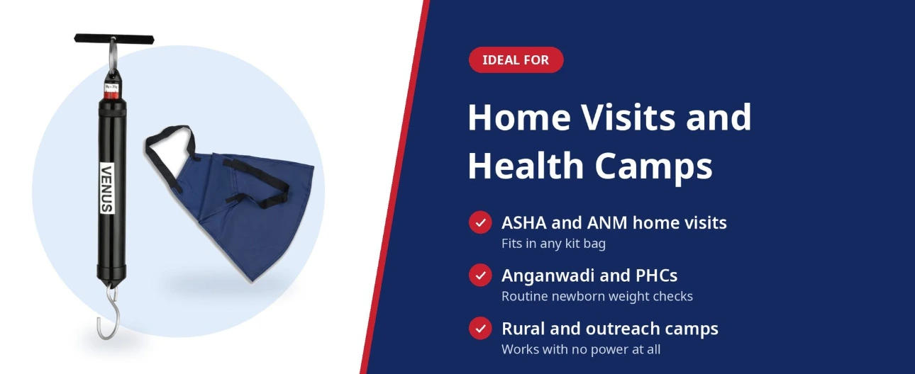 Spring balance for newborn weighing on ASHA and ANM home visits, Anganwadi centres, PHCs and rural health camps, works with no power