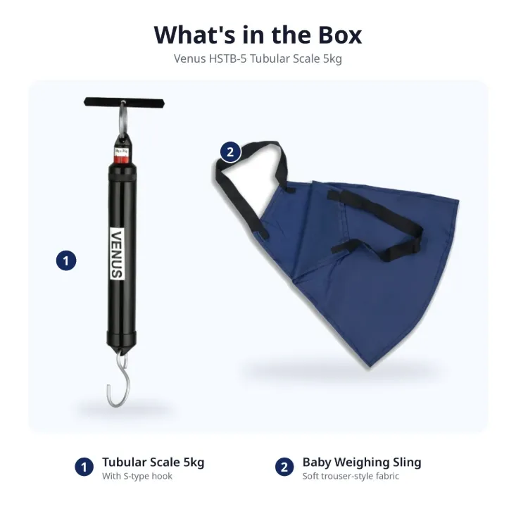 What's in the box: Venus HSTB-5 spring balance for newborn, 5 kg, with S-type hook and baby weighing sling