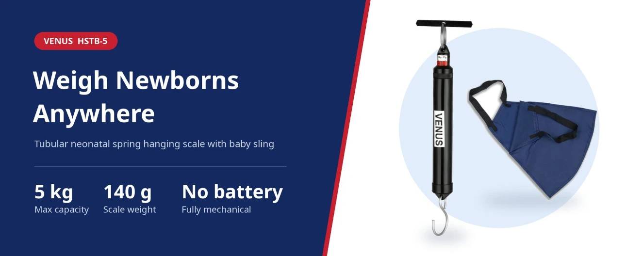 Venus HSTB-5 spring balance for newborn, 5 kg, with baby weighing sling, 140 g, fully mechanical with no battery needed