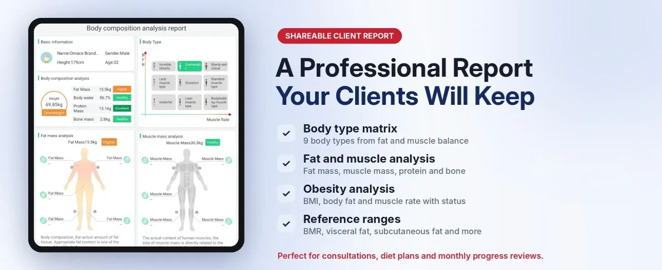 Body composition analysis report from ultrasonic height and weight machine with body type, fat and muscle analysis