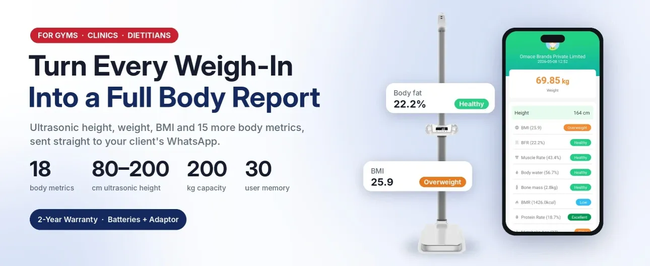 Ultrasonic height and weight machine with app showing 18 body metrics, BMI and body fat for gyms and clinics