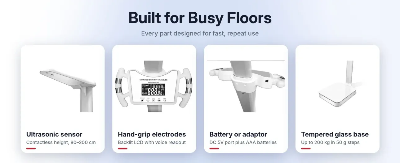 Ultrasonic height sensor, hand-grip electrodes with backlit LCD, DC adaptor port and tempered glass base