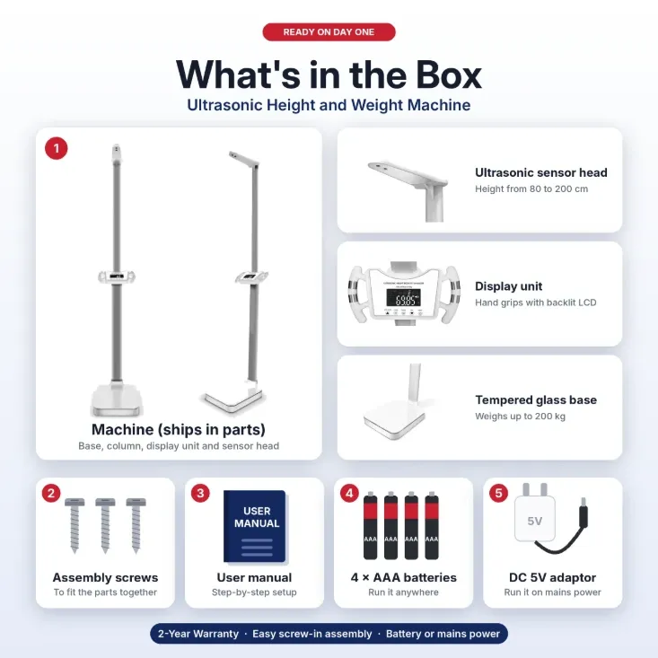 What's in the box of the ultrasonic height and weight machine: machine in parts, assembly screws, user manual, 4 AAA batteries and DC 5V adaptor
