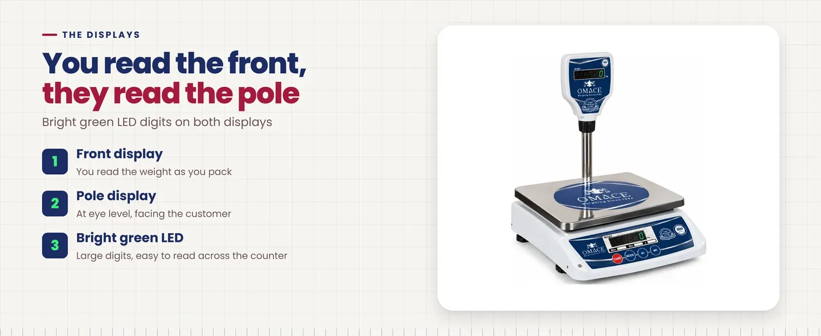 Omace Om-TT-Running SPD vegetable weighing machine front and pole displays