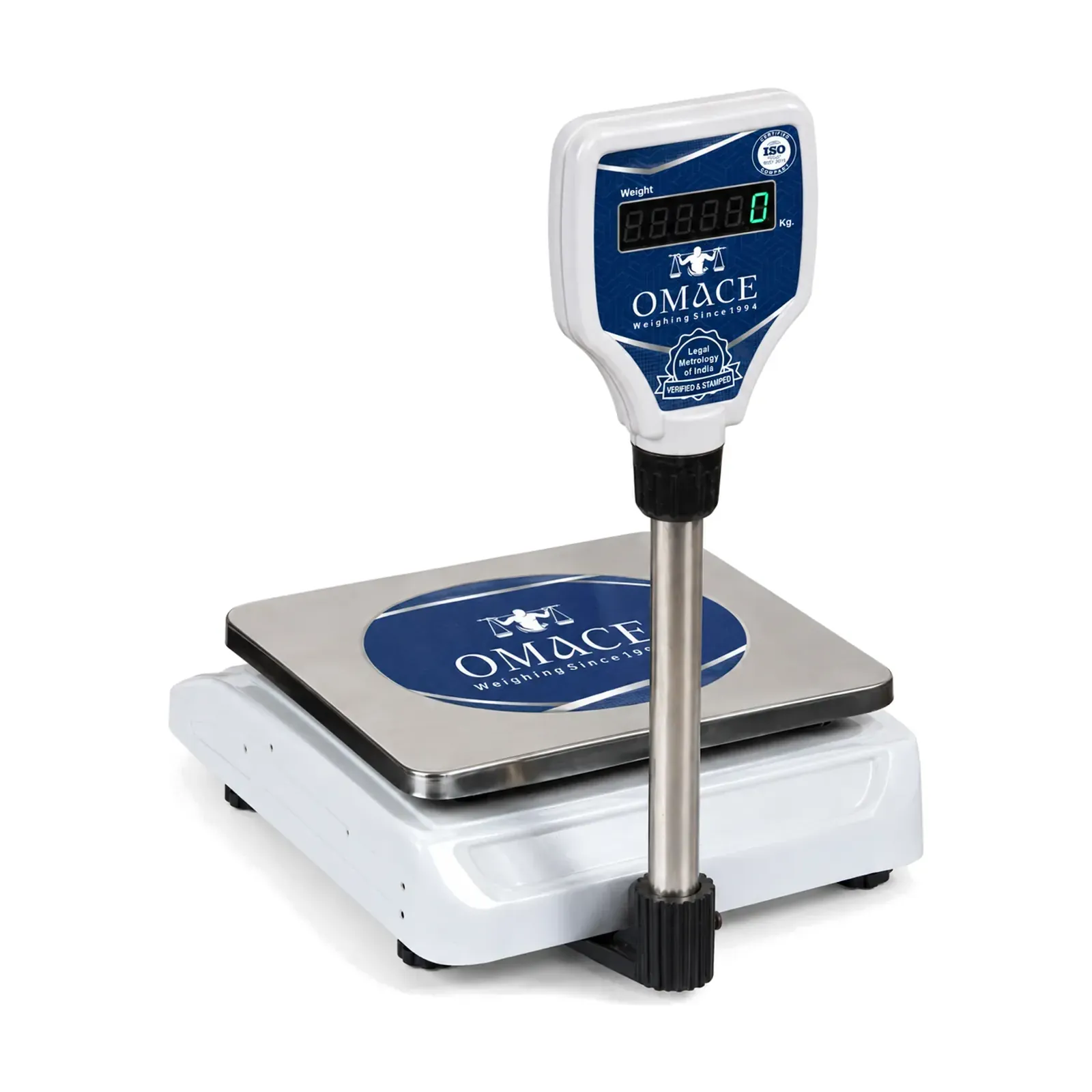 Front view with the pole display Omace Om-TT-Running SPD vegetable weighing machine, front view with the pole display