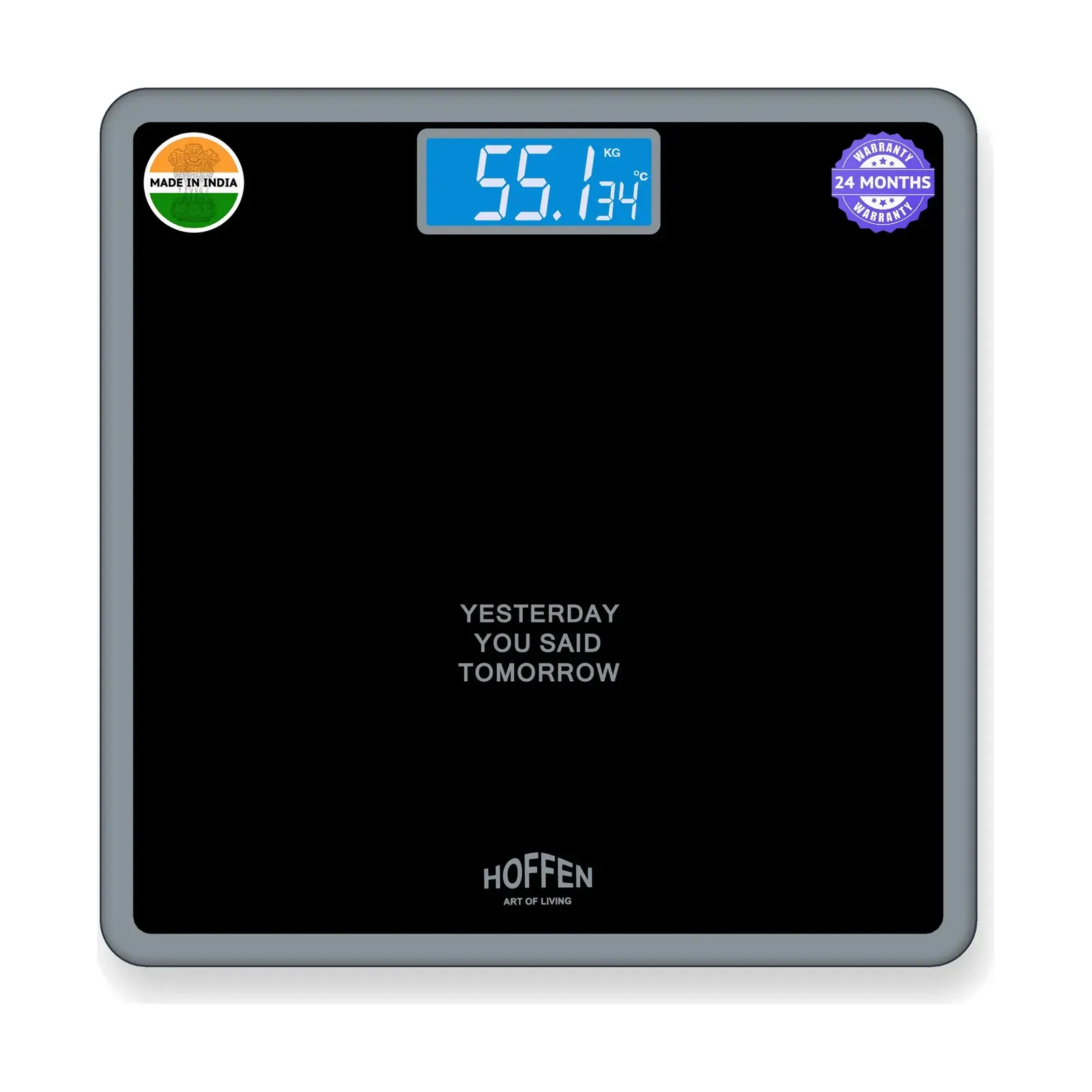 Hoffen HO-18 Weighing Scale for Human, 180 kg, Tempered Glass, Backlit Display, 4 Colours, Black, Blue Display