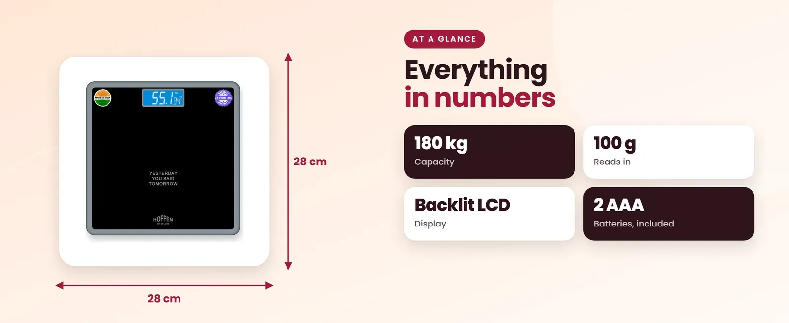 Hoffen HO-18 weighing scale for human at a glance: 180 kg capacity, 100 g reads in, Backlit LCD display, 2 AAA batteries, included