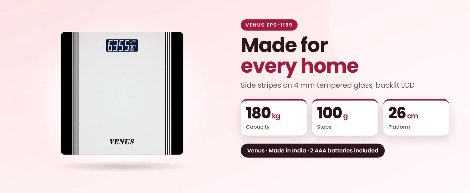 Venus EPS-1199 weight machine for home: Side stripes on 4 mm tempered glass, backlit LCD