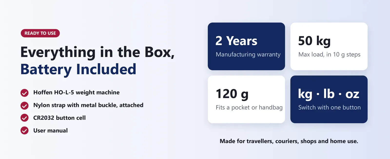 What's in the box: Hoffen HO-L-5 weight machine, nylon strap, CR2032 button cell and user manual