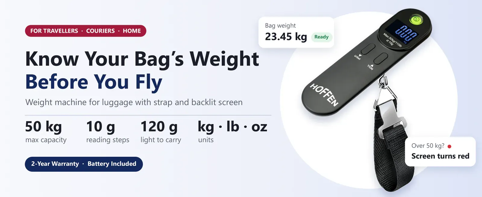 Hoffen HO-L-5 weight machine for luggage: 50 kg capacity, 10 g steps, 120 g, kg, lb and oz