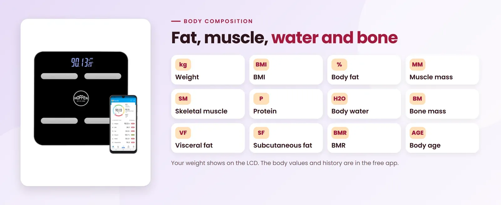 Hoffen HO-18 App weight machine with app measures weight, BMI, body fat, muscle mass, skeletal muscle, protein, body water, bone mass, visceral fat, subcutaneous fat, BMR and body age