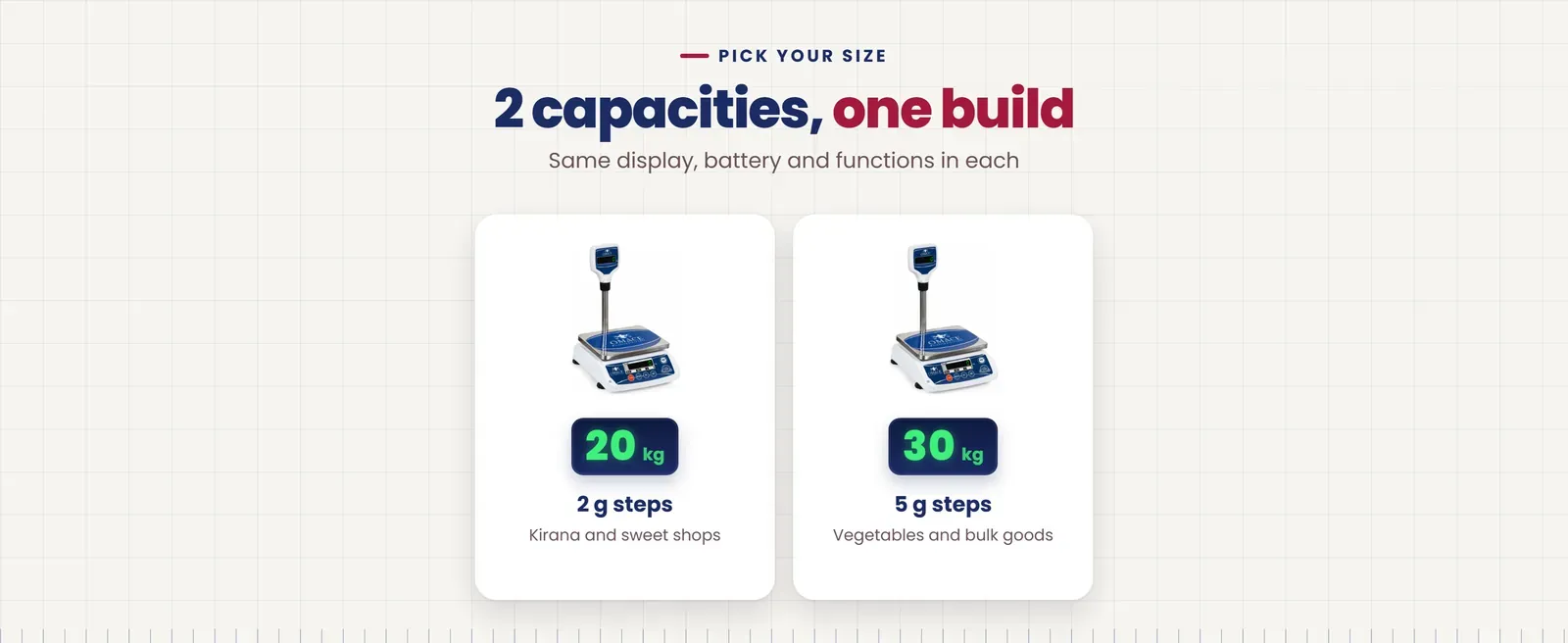 Omace Om-TT-Mini SPD weight machine with pole sizes: 20 kg 2 g steps, 30 kg 5 g steps