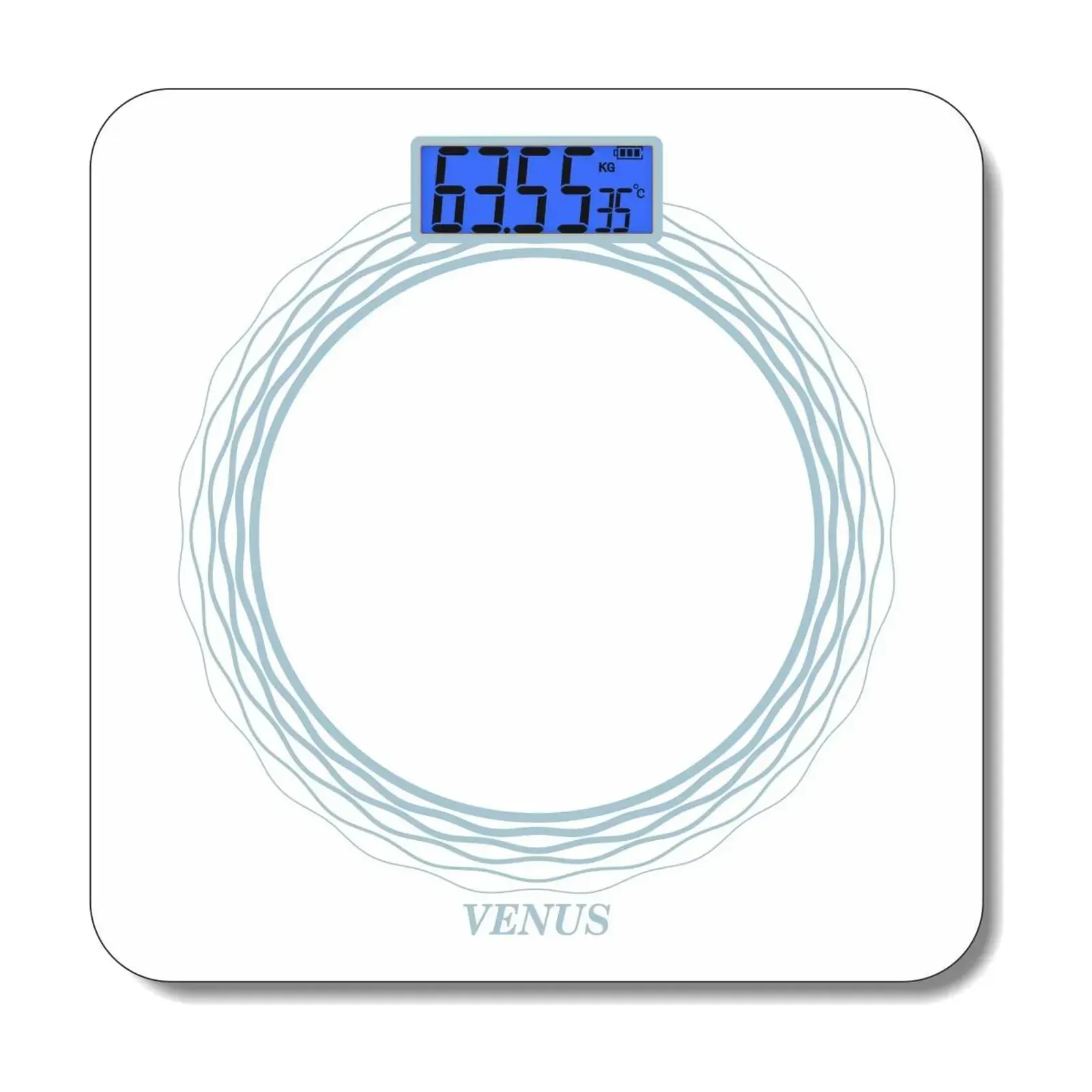 Venus EPS-369 White Weighing Scale, Circular Pattern, 6 mm Glass, 180 kg, Blue Backlit LCD, White (A)