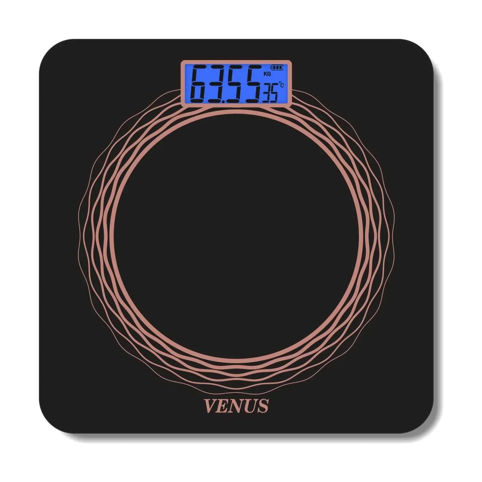 Venus EPS-369 White Weighing Scale, Circular Pattern, 6 mm Glass, 180 kg, Blue Backlit LCD, Black (B)