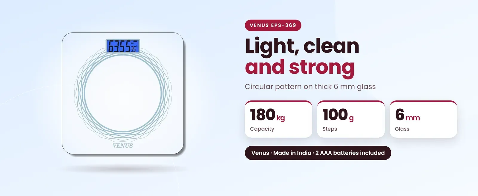 Venus EPS-369 white weighing scale: Circular pattern on thick 6 mm glass