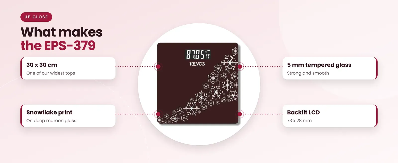 Venus EPS-379 wide platform weighing scale: 30 x 30 cm, snowflake print, 5 mm tempered glass, backlit lcd