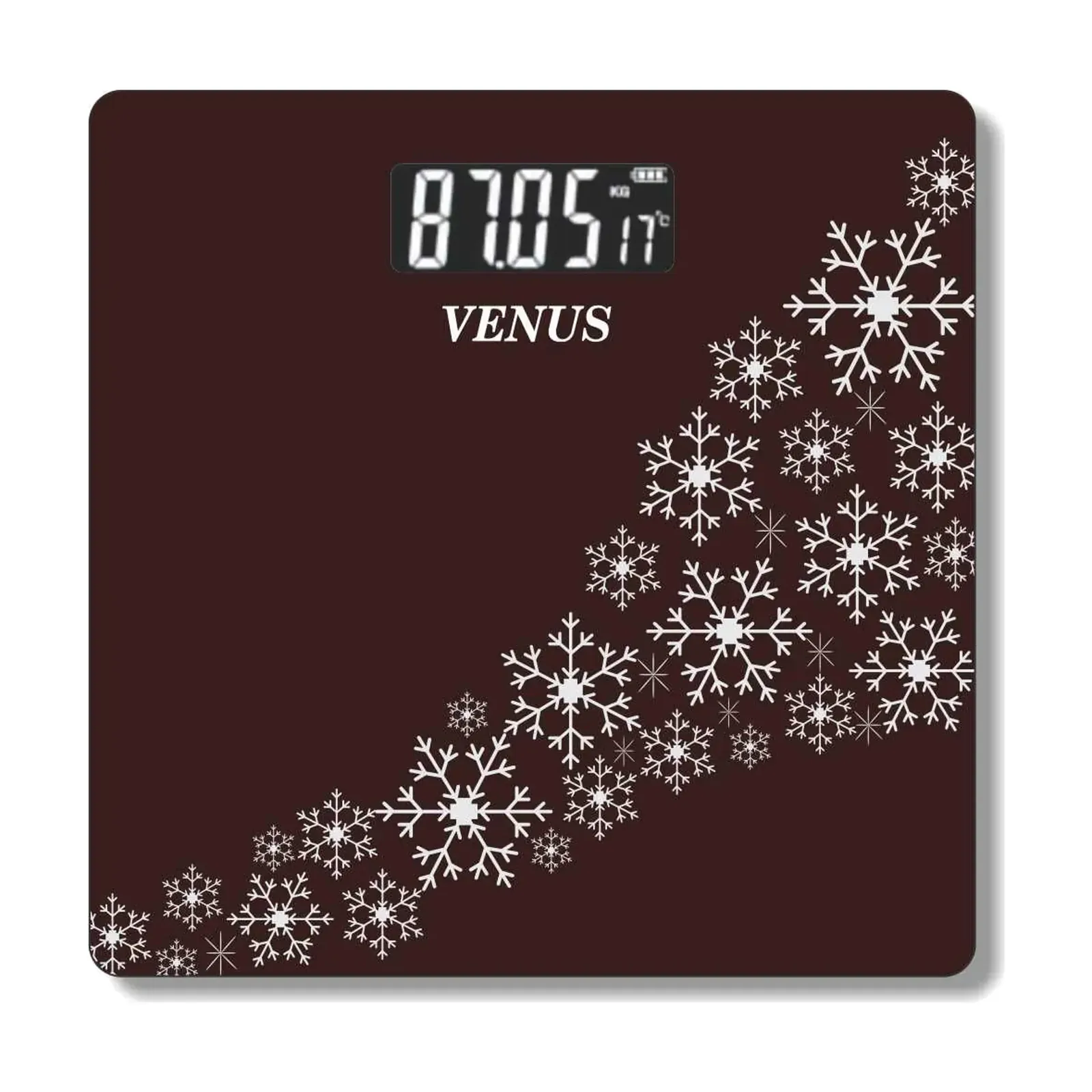 Front view, snowflake print on maroon glass Venus EPS-379 wide platform weighing scale, front view, snowflake print on maroon glass